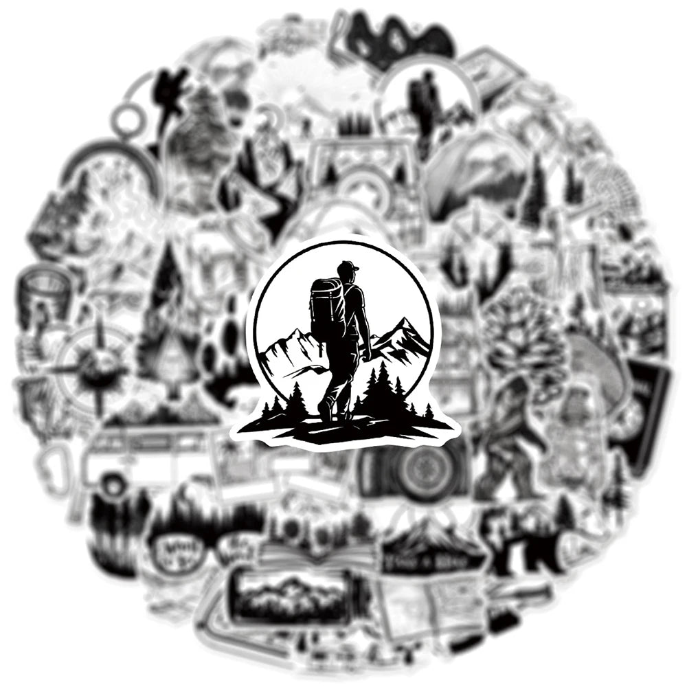 50er-Set Outdoor & Hiking Sticker Pack – Schwarz-Weiß (Wasserdicht)