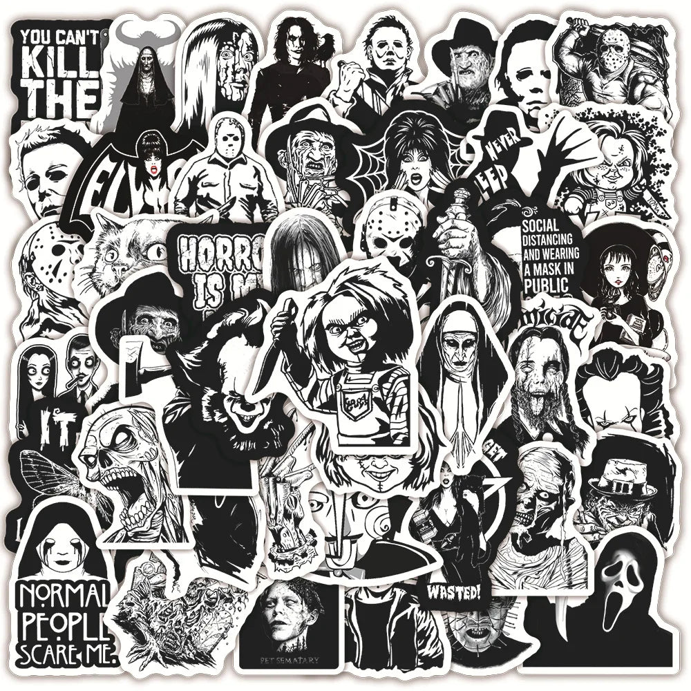 50er-Set Skull & Biker Sticker Pack – Schwarz-Weiß (Wasserdicht)