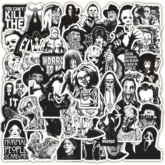 50er-Set Skull & Biker Sticker Pack – Schwarz-Weiß (Wasserdicht)