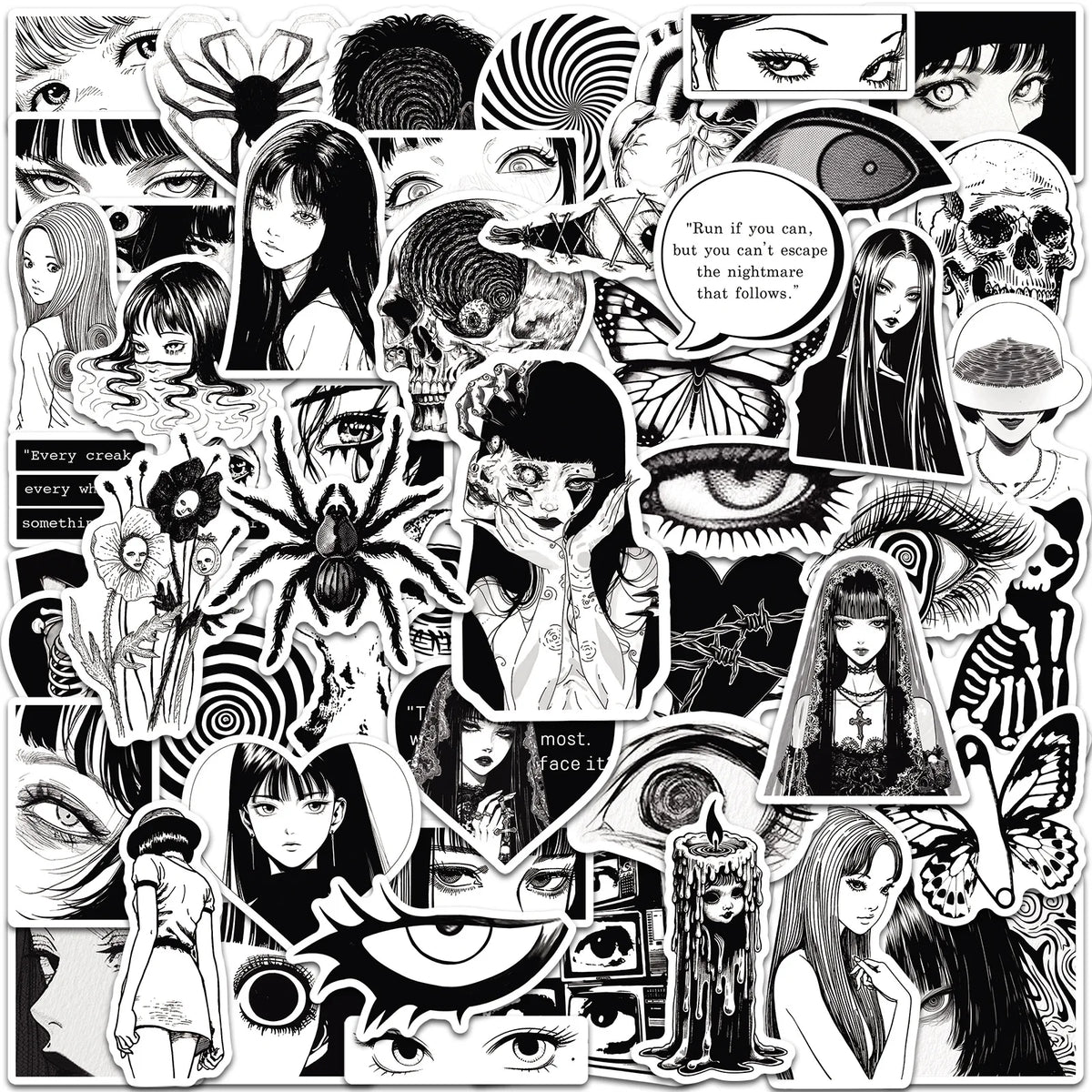 50er-Set Gothic & Dark Horror Sticker Pack – Schwarz-Weiß (Wasserdicht)