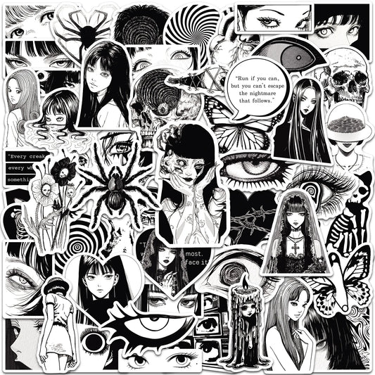 50er-Set Gothic & Dark Horror Sticker Pack – Schwarz-Weiß (Wasserdicht)