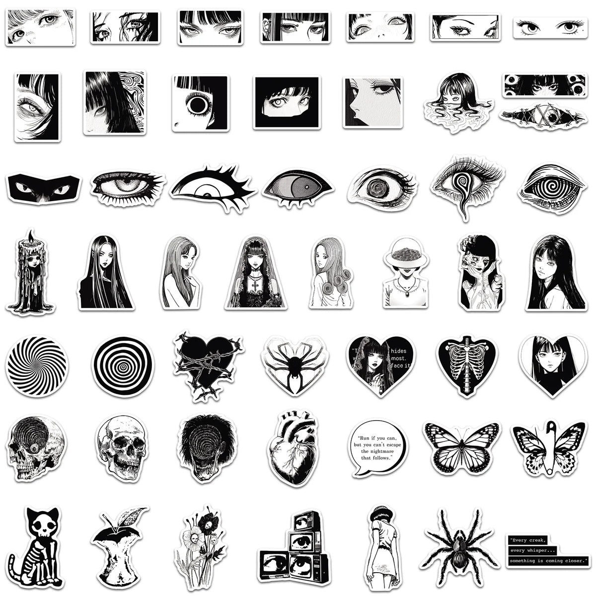 50er-Set Gothic & Dark Horror Sticker Pack – Schwarz-Weiß (Wasserdicht)