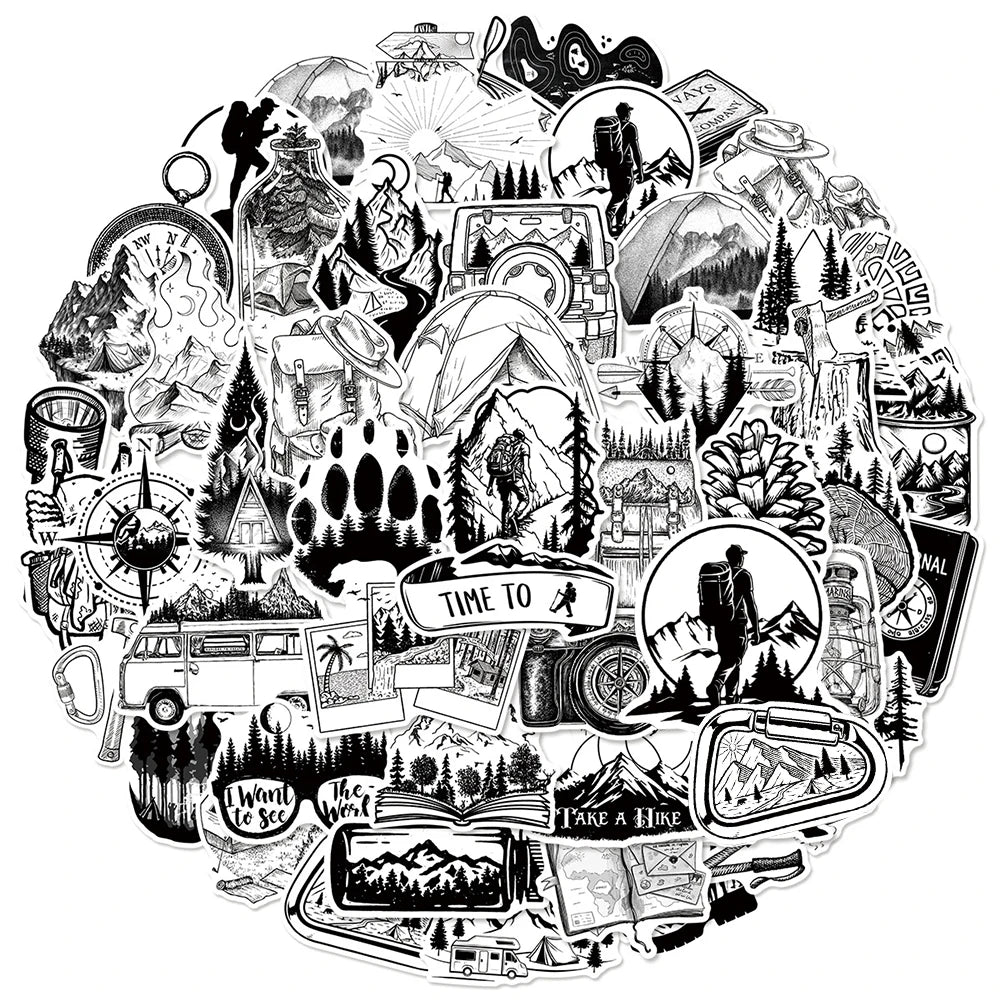 50er-Set Outdoor & Hiking Sticker Pack – Schwarz-Weiß (Wasserdicht)