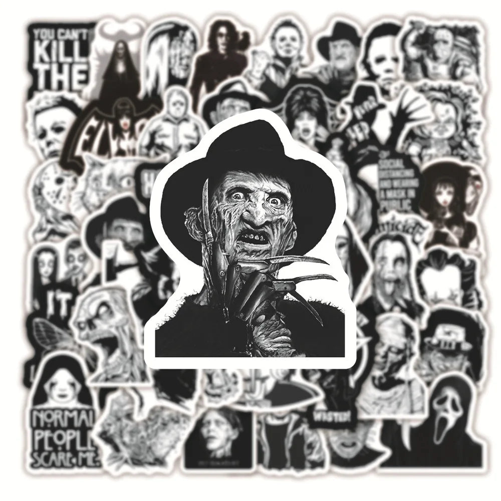 50er-Set Skull & Biker Sticker Pack – Schwarz-Weiß (Wasserdicht)