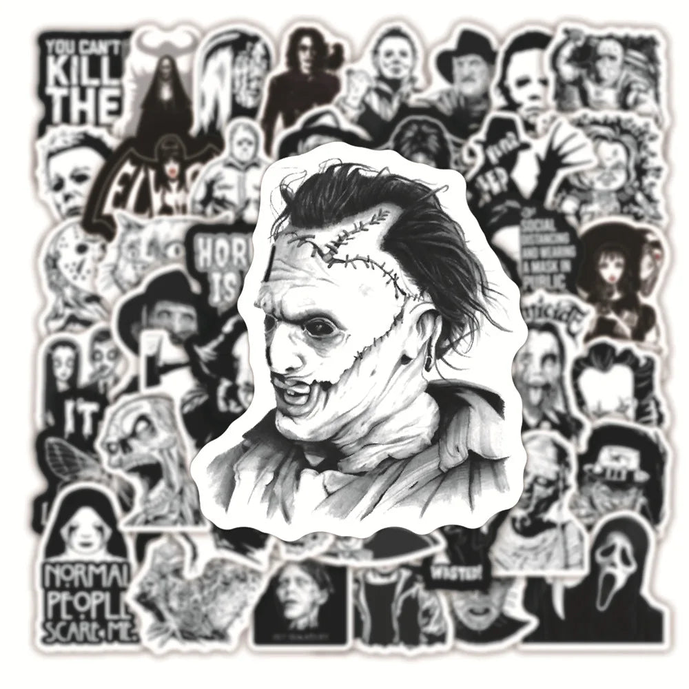 50er-Set Skull & Biker Sticker Pack – Schwarz-Weiß (Wasserdicht)