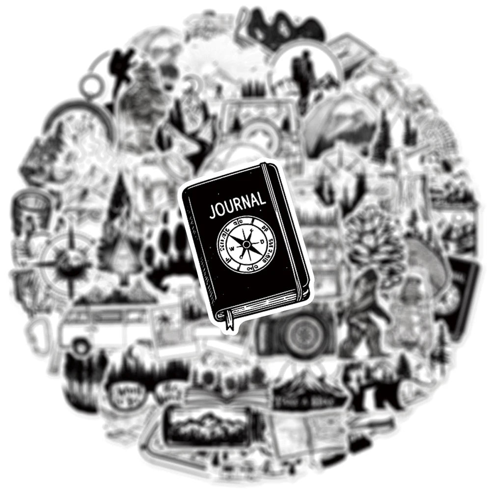 50er-Set Outdoor & Hiking Sticker Pack – Schwarz-Weiß (Wasserdicht)