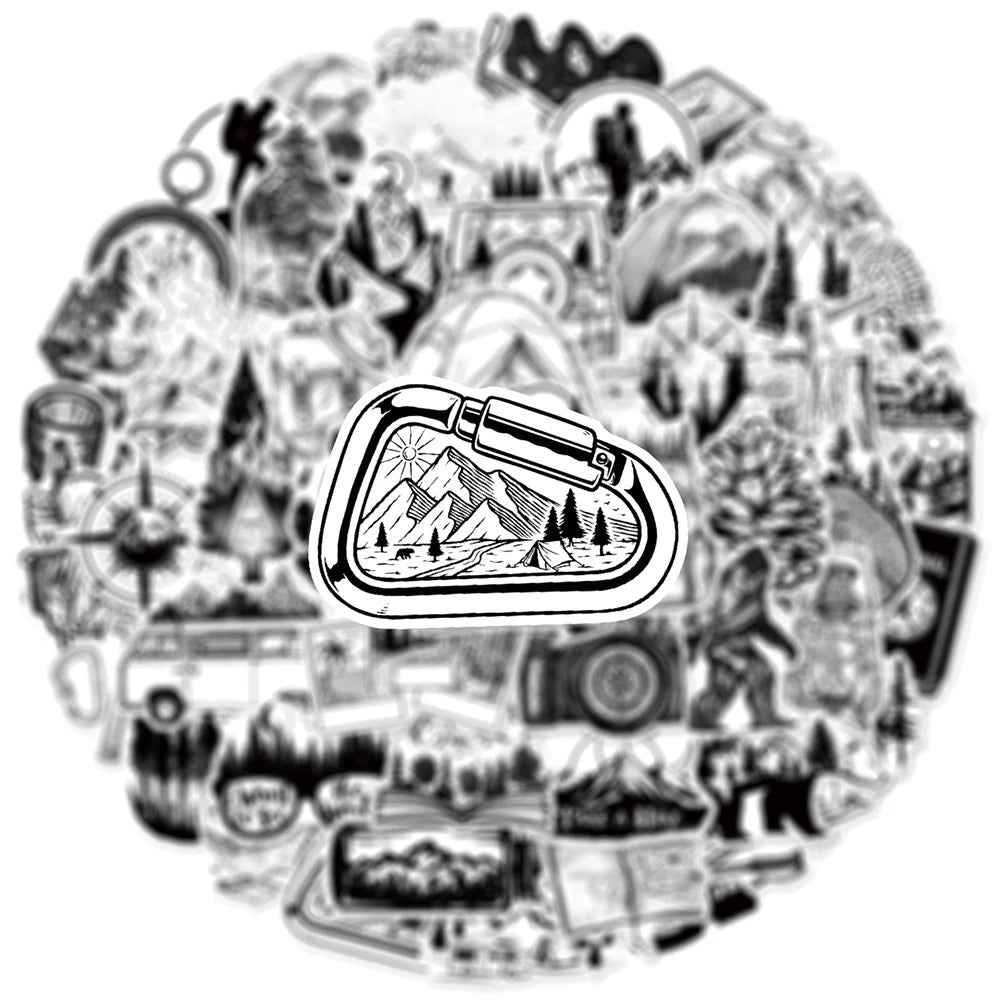 50er-Set Outdoor & Hiking Sticker Pack – Schwarz-Weiß (Wasserdicht)