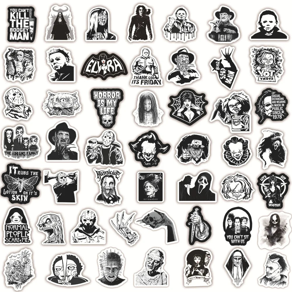 50er-Set Skull & Biker Sticker Pack – Schwarz-Weiß (Wasserdicht)