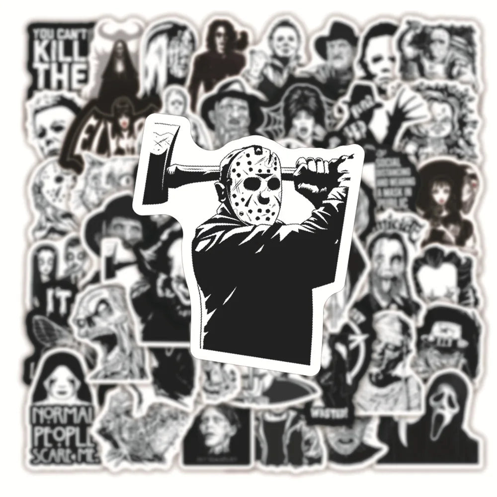 50er-Set Skull & Biker Sticker Pack – Schwarz-Weiß (Wasserdicht)