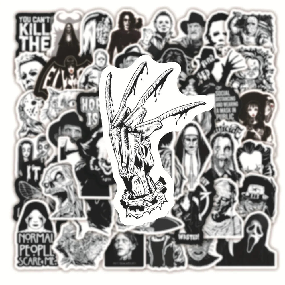 50er-Set Skull & Biker Sticker Pack – Schwarz-Weiß (Wasserdicht)