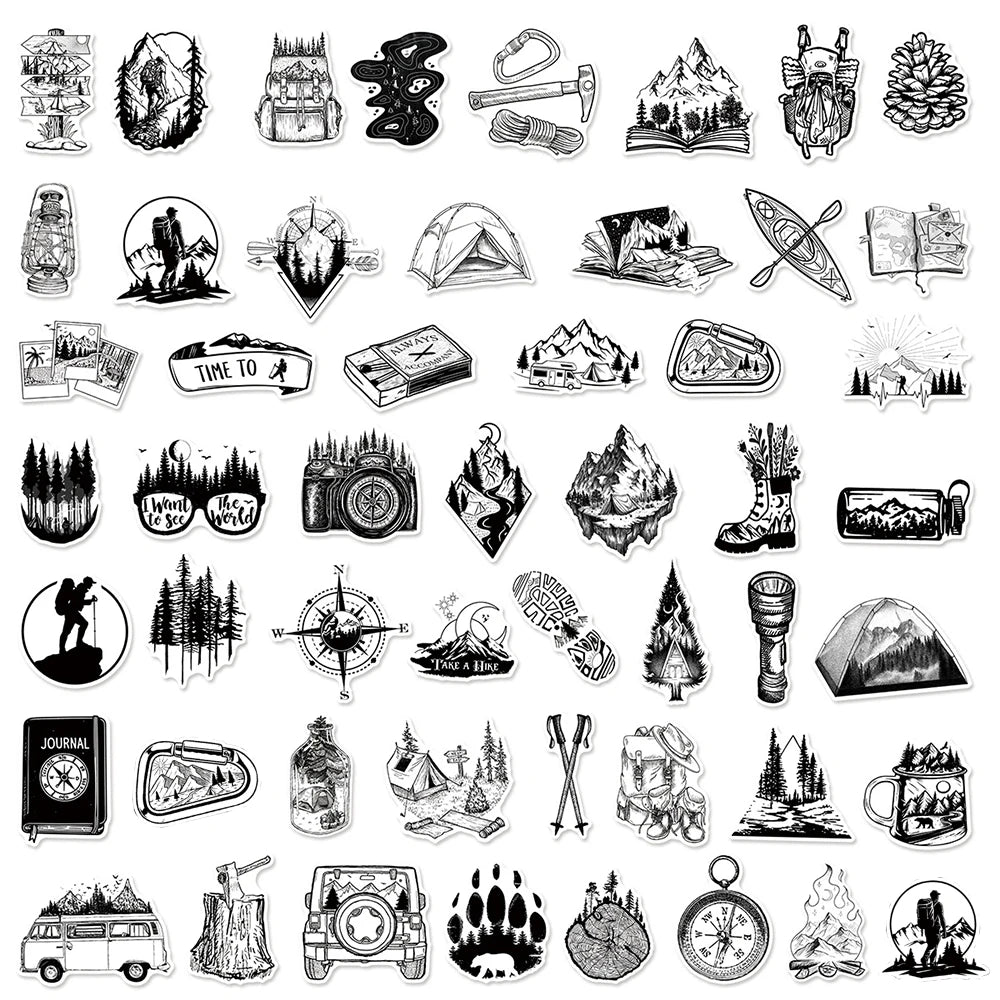 50er-Set Outdoor & Hiking Sticker Pack – Schwarz-Weiß (Wasserdicht)