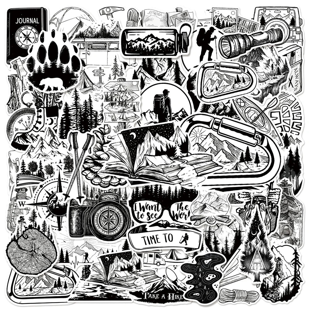50er-Set Outdoor & Hiking Sticker Pack – Schwarz-Weiß (Wasserdicht)